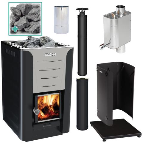 Harvia Pro 20, Chimney Kit, Protective bedding, Shealth, Water Heater, Smoke Pipe, Stones - Sweet Life Saunas