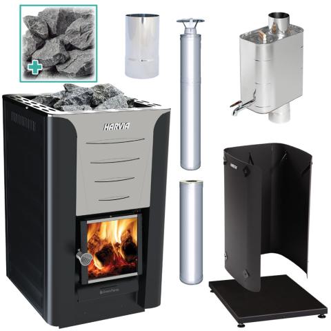 Harvia Pro 20, Chimney Kit, Protective bedding, Shealth, Water Heater, Smoke Pipe, Stones - Sweet Life Saunas