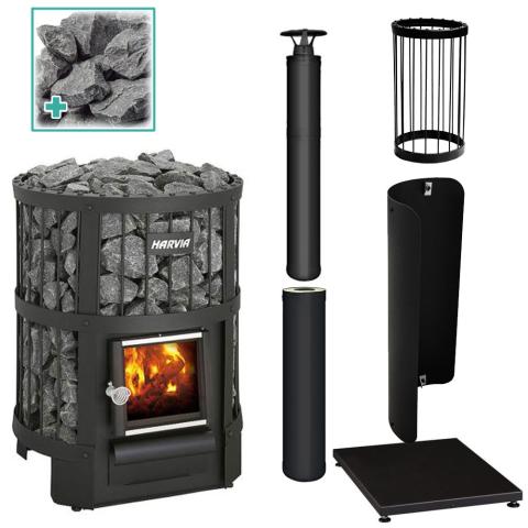 Harvia Legend Package, Legend 150 Stove, Protective Bedding, Protective Sheath, Chimney Kit, Chimney Extension, Stones - Sweet Life Saunas