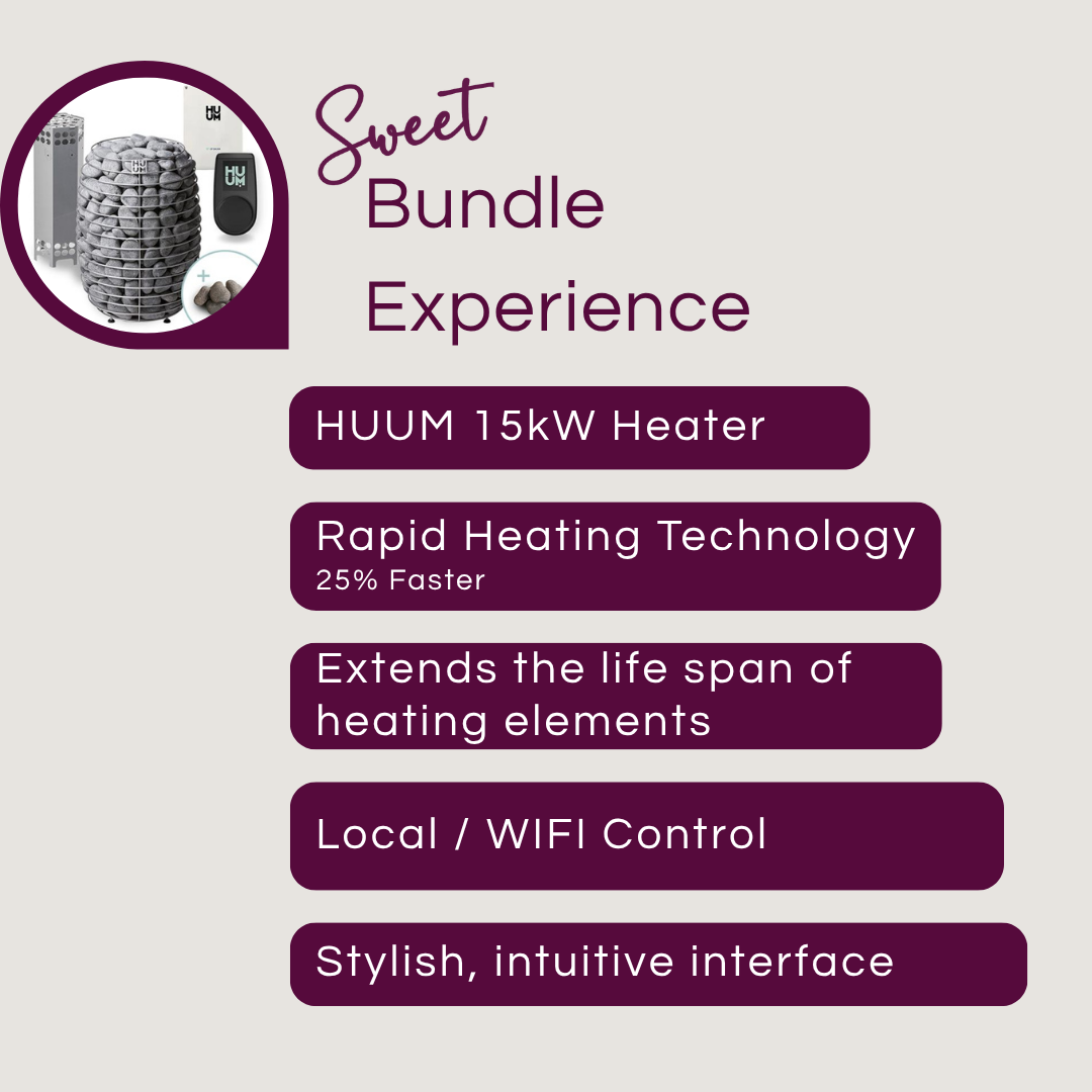 Advertisement for HUUM 15kW Heater with features listed on a light purple background.