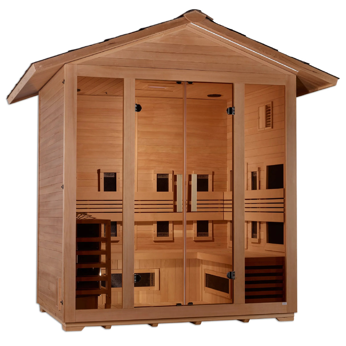 Golden Designs Gargellen 5 Person Hybrid PureTech™ Full Spectrum IR and Traditional Stove Outdoor Sauna Canadian Hemlock GDI-8125-01