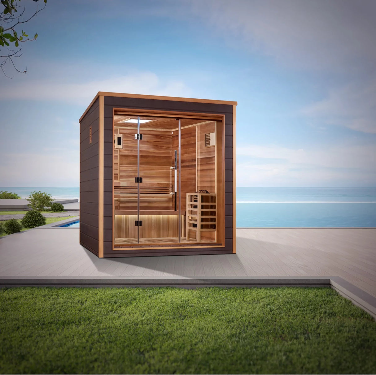 Golden Designs Drammen 3 Person Outdoor Indoor Traditional Sauna Canadian Red Cedar Interior GDI-8203-01