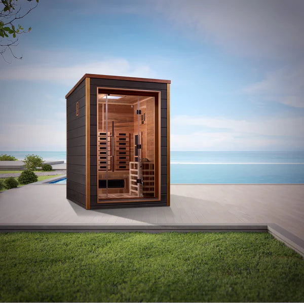 Golden Designs Nora 2 Person Outdoor Indoor PureTech™ Hybrid Full Spectrum Sauna Canadian Red Cedar Interior GDI-8222-01