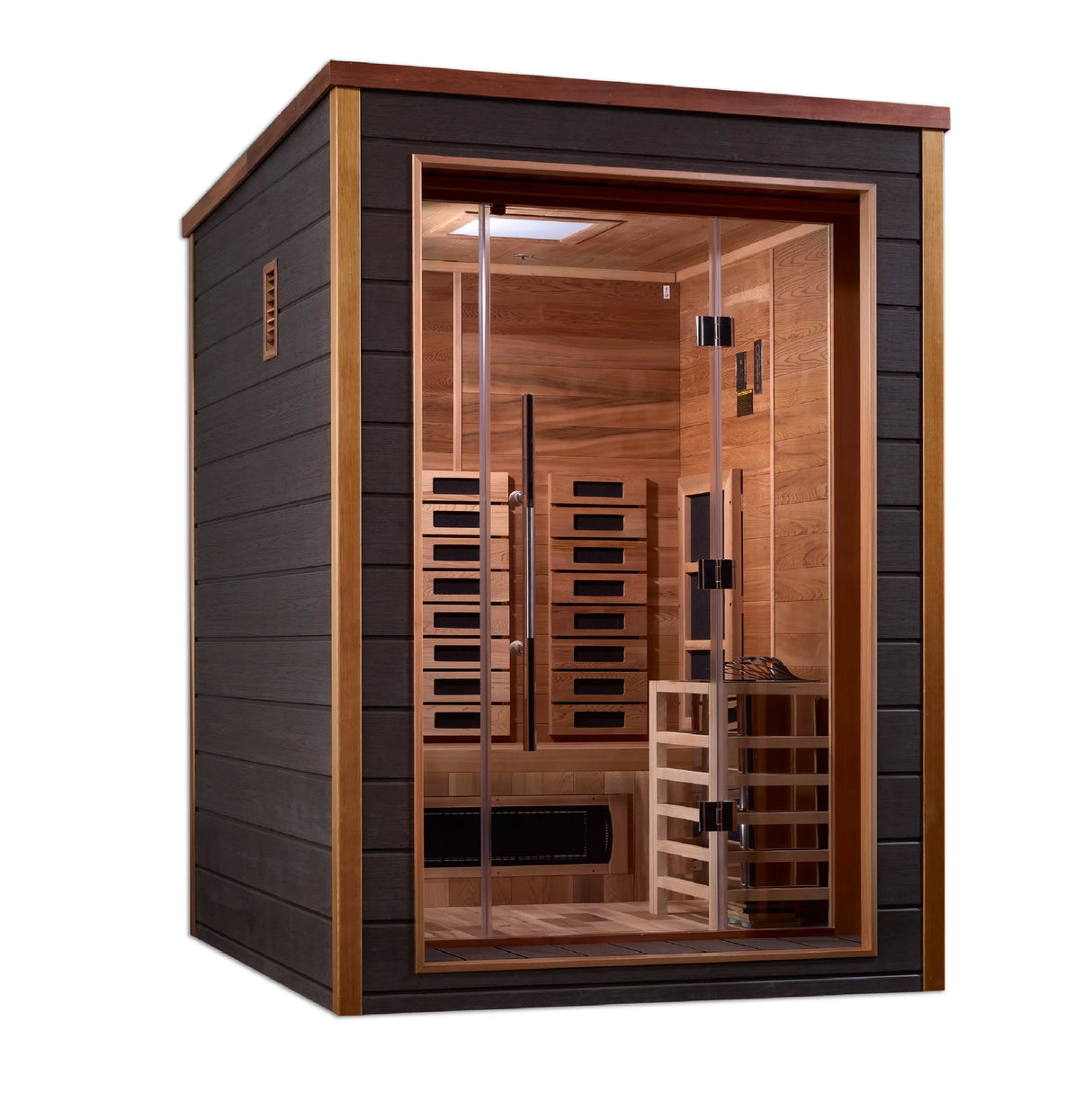 Golden Designs Nora 2 Person Outdoor Indoor PureTech™ Hybrid Full Spectrum Sauna Canadian Red Cedar Interior GDI-8222-01