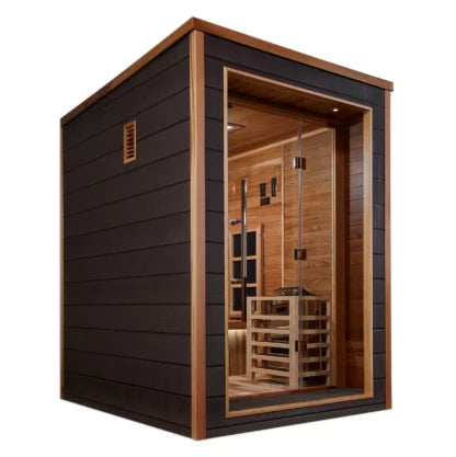 Golden Designs Nora 2 Person Outdoor Indoor PureTech™ Hybrid Full Spectrum Sauna Canadian Red Cedar Interior GDI-8222-01