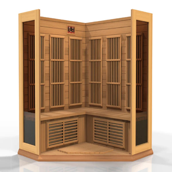Maxxus Avignon 3 Person Corner Near Zero EMF FAR Infrared Sauna – Canadian Red Cedar MX-K356-01-ZF CED