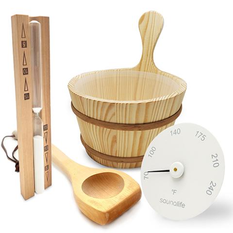SaunaLife Bucket, Ladle, Timer and Thermometer - Sauna Accessory Package - Sweet Life Saunas