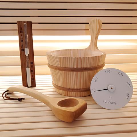 SaunaLife Bucket, Ladle, Timer and Thermometer - Sauna Accessory Package - Sweet Life Saunas