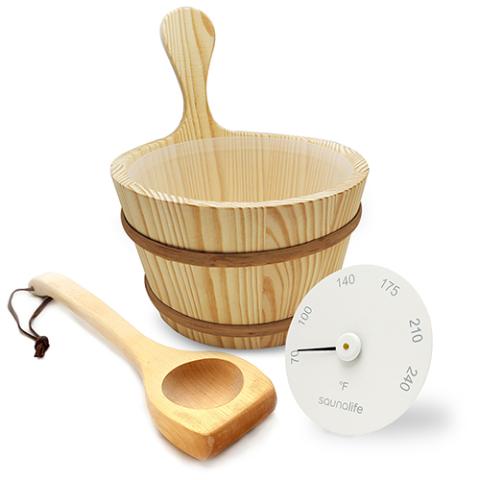 SaunaLife Wooden 1-Gallon Sauna Bucket Set with Wood Ladle and Thermometer, White - Sweet Life Saunas