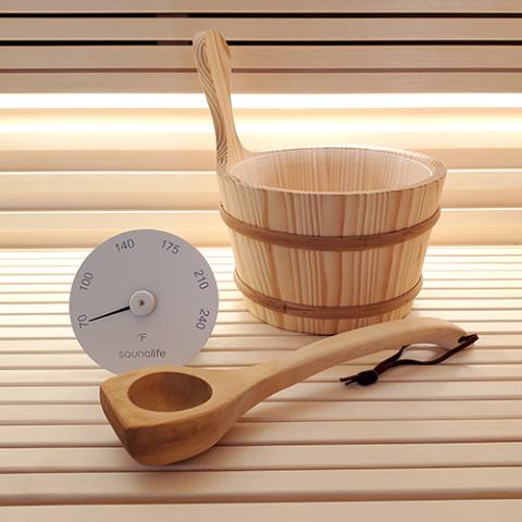SaunaLife Wooden 1-Gallon Sauna Bucket Set with Wood Ladle and Thermometer, White - Sweet Life Saunas