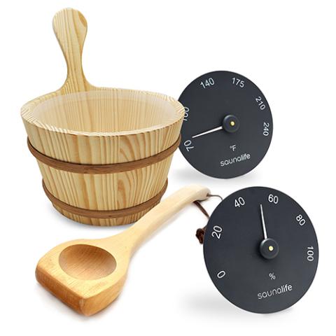 SaunaLife Wooden 1-Gallon Sauna Bucket, Wood Ladle, Thermometer, Hygrometer - Sweet Life Saunas