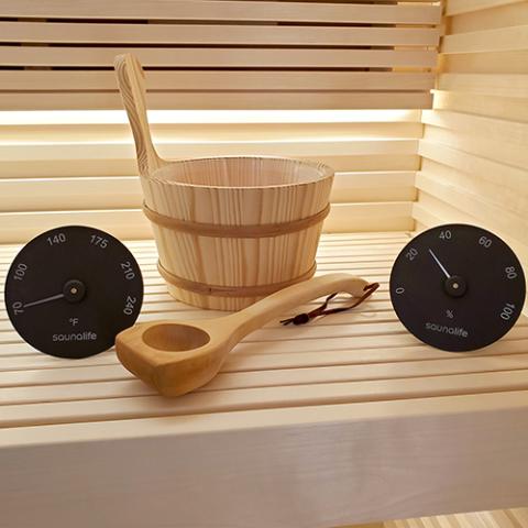 SaunaLife Wooden 1-Gallon Sauna Bucket, Wood Ladle, Thermometer, Hygrometer - Sweet Life Saunas