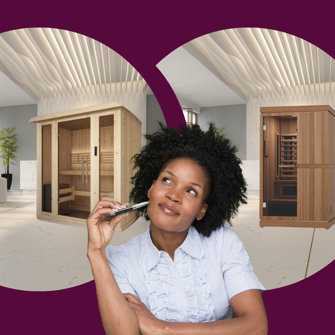 woman holding pen deciding between a traditional and infrared sauna