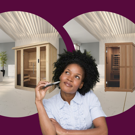 woman holding pen deciding between a traditional and infrared sauna