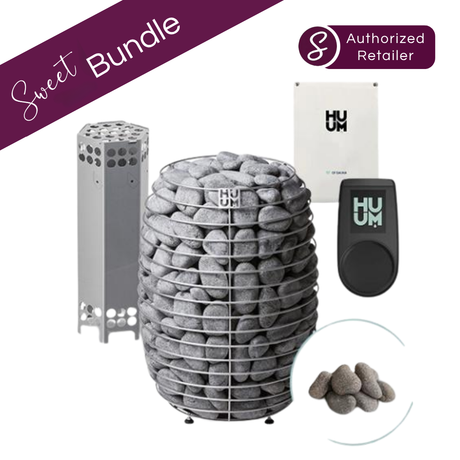 HUM product bundle with stones, stand, and remote control on a white background