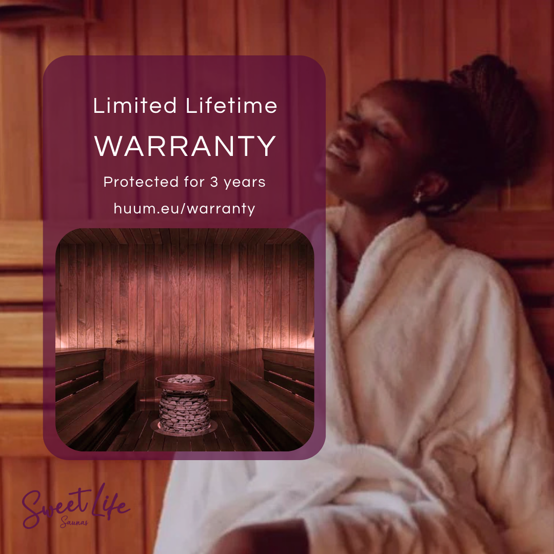 Woman in a sauna with a 'Limited Lifetime Warranty' overlay