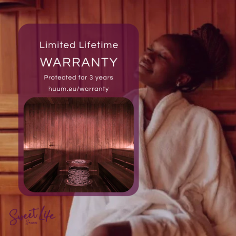 Woman in a sauna with a 'Limited Lifetime Warranty' overlay