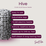 Hive 15 kW HUUM Sauna Heater with features listed on a light pink background