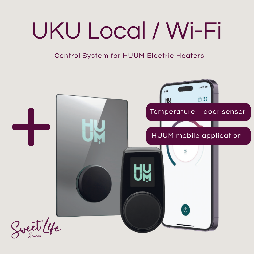 HUUM electric heaters control system with smartphone app on a light gray background