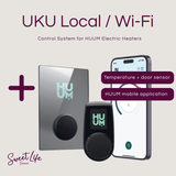 HUUM electric heaters control system with smartphone app on a light gray background