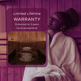 Person in a sauna with a purple overlay and warranty information.