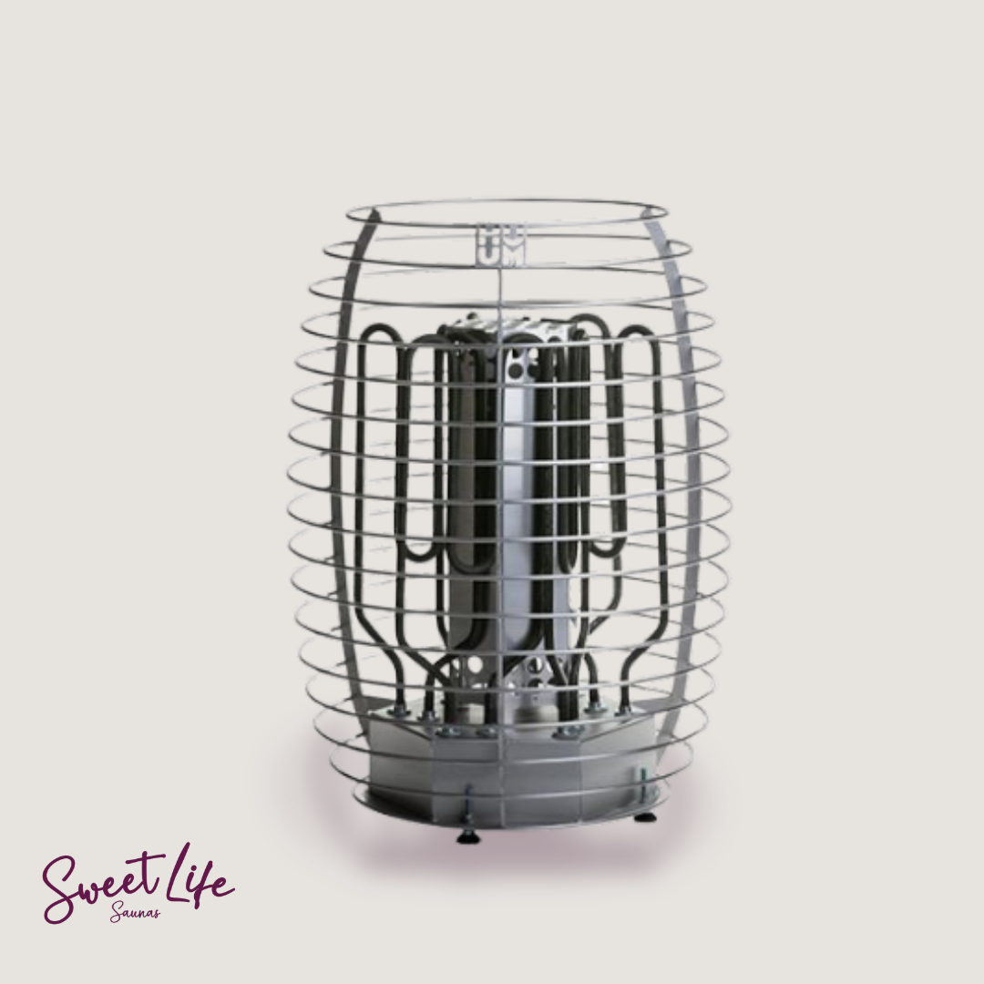 Metallic sauna heater with 'Sweet Life Saunas' branding on a light gray background