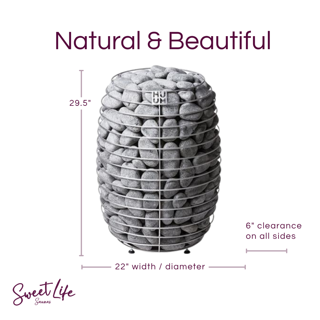 Decorative basket filled with stones on a white background with dimensions and product name.