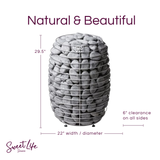 Decorative basket filled with stones on a white background with dimensions and product name.