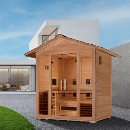 Golden Designs Gargellen 5 Person Hybrid PureTech™ Full Spectrum IR and Traditional Stove Outdoor Sauna Canadian Hemlock GDI-8125-01