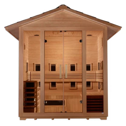 Golden Designs Gargellen 5 Person Hybrid PureTech™ Full Spectrum IR and Traditional Stove Outdoor Sauna Canadian Hemlock GDI-8125-01