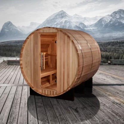 Golden Designs "Arosa" 4 Person Barrel Sauna - Comes with Heater, Stones, Controls, Lighting, and Accessories