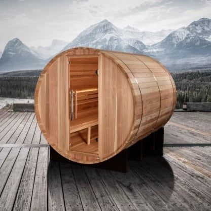 Golden Designs "Klosters" 6 Person Barrel Traditional Sauna - Comes with Heater, Stones, Controls, Lighting, and Accessories