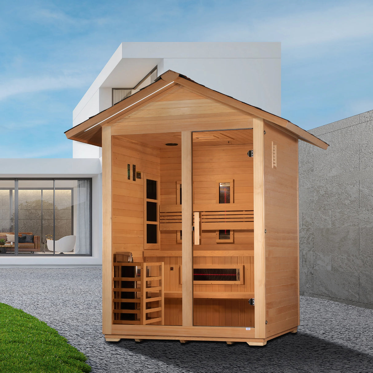 Golden Designs Carinthia 3 Person Hybrid PureTech™ Full Spectrum IR or Traditional Stove Outdoor Sauna Canadian Hemlock GDI-8123-01