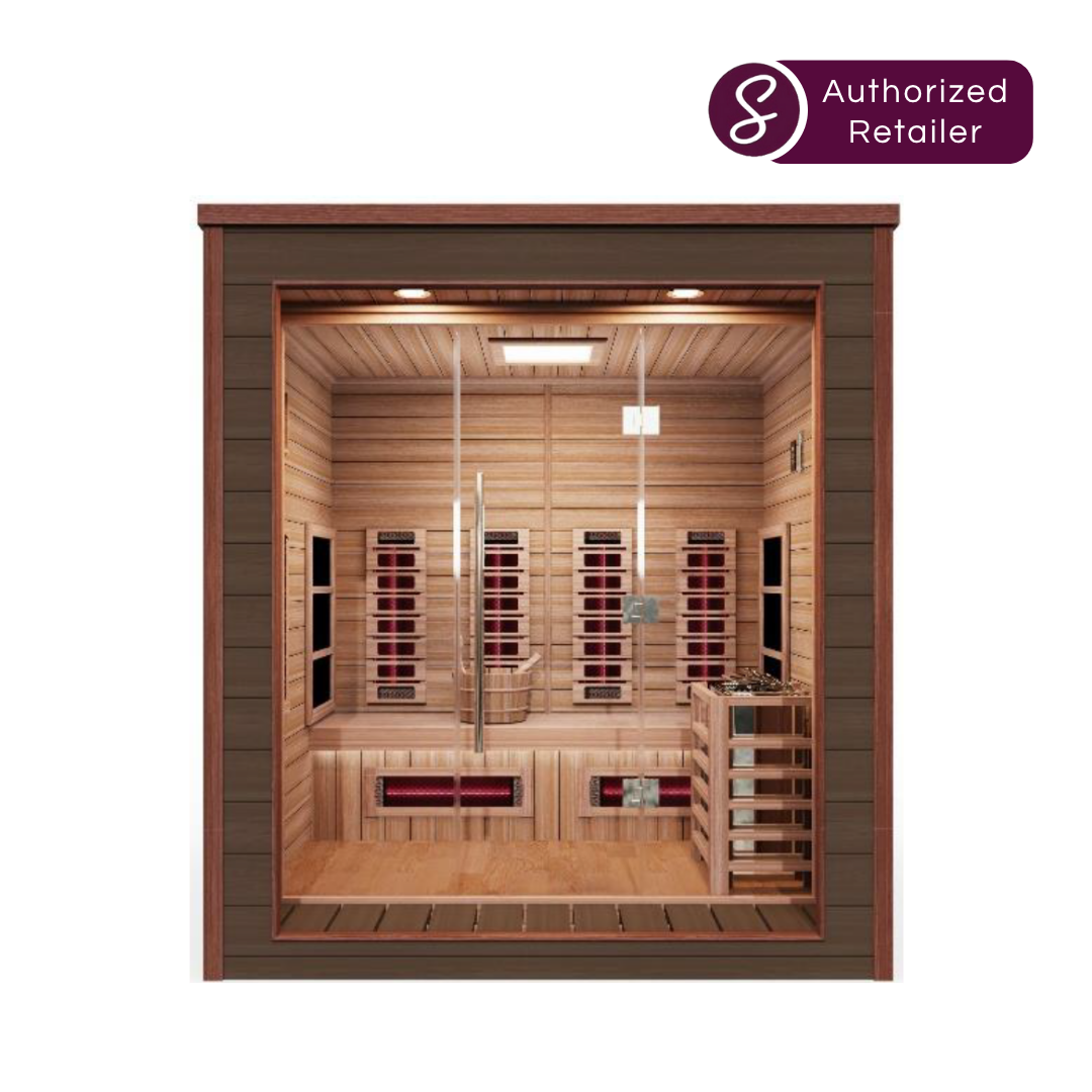 Golden Designs “Visby” 3-Person Indoor-Outdoor Hybrid Sauna Kit, Canadian Red Cedar Interior (79.2″ x 71″ x 88.3″)