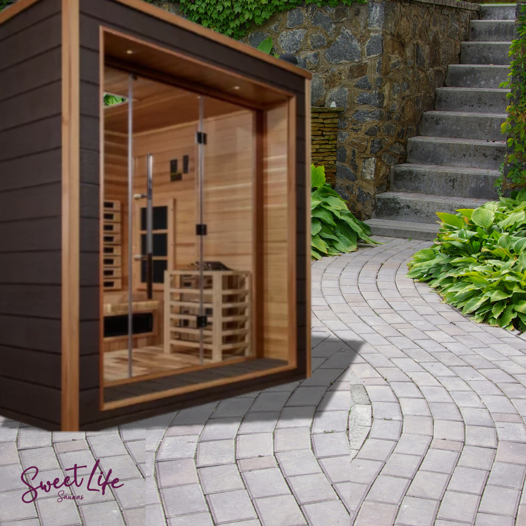 Golden Designs “Visby” 3-Person Indoor-Outdoor Hybrid Sauna Kit, Canadian Red Cedar Interior (79.2″ x 71″ x 88.3″)
