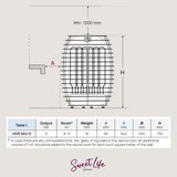 Technical drawing and specifications of a sauna heater with dimensions and Sweet Life Saunas branding.