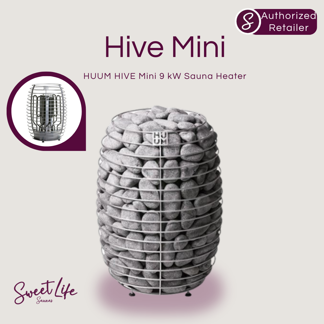 HUUM Hive Mini sauna heater with branding on a light gray background