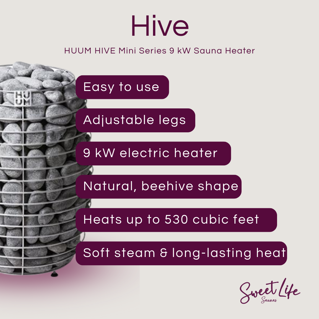 HUUM Hive Mini Series 9 kW Sauna Heater with features listed on a light purple background