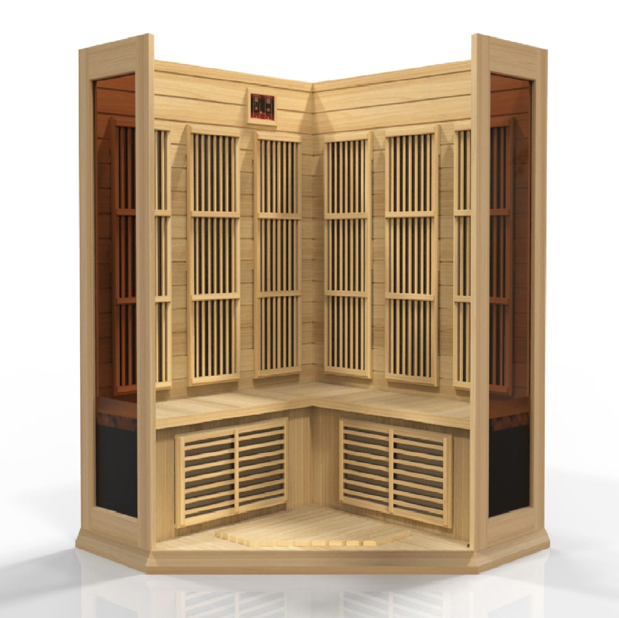 Maxxus 3 Person Corner Near Zero EMF FAR Infrared Sauna - Canadian Hemlock