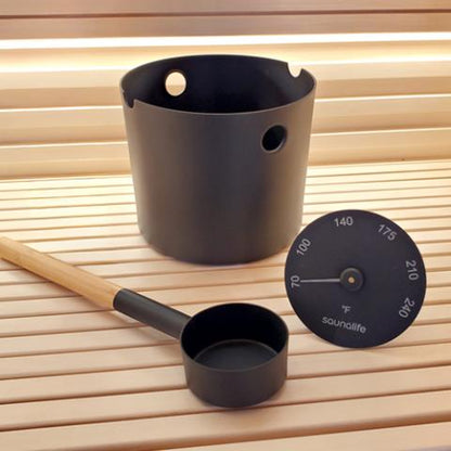 SaunaLife Accessory Package 6: Bucket, Ladle, Thermometer, Black