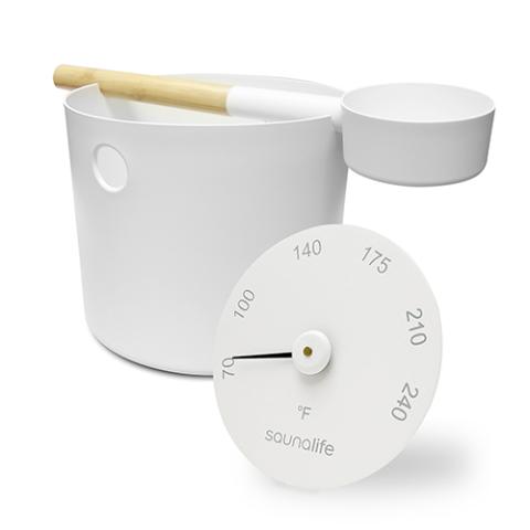 SaunaLife Accessory Package 6: Bucket, Ladle, Thermometer, White