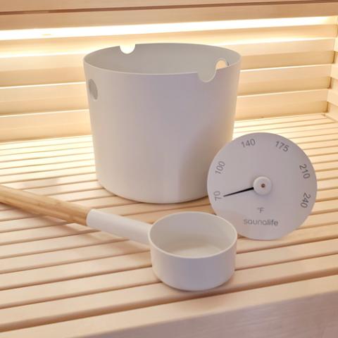 SaunaLife Accessory Package 6: Bucket, Ladle, Thermometer, White