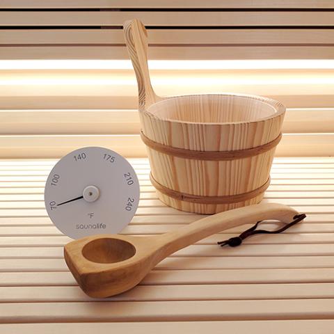 SaunaLife Accessory Package: Wooden 1-Gallon Sauna Bucket, Wood Ladle, Thermometer, Hygrometer